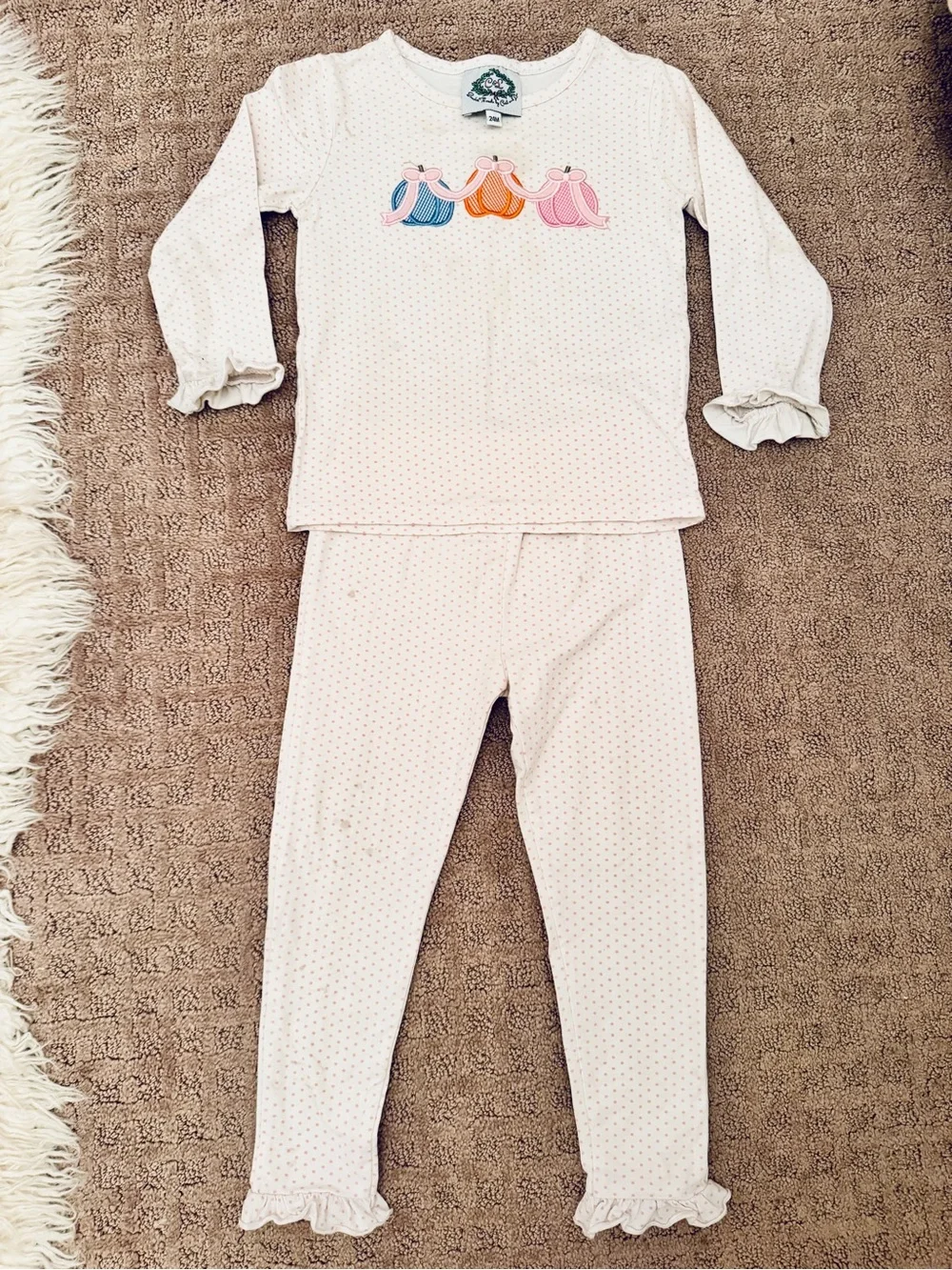 Pink Polka Dot Pajamas with Pumpkin Appliqué